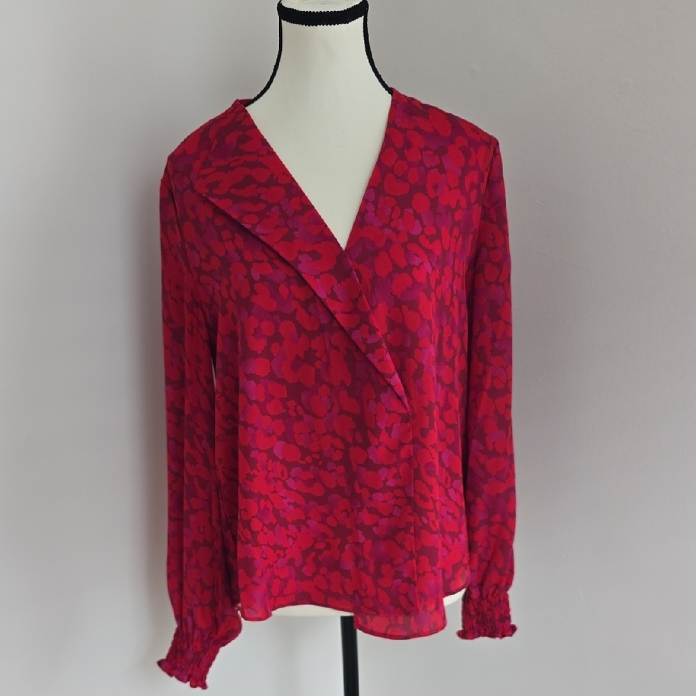Gibson Latimer Pink And Red Asymmetrical Collar Leopard Print Blouse Size Small
